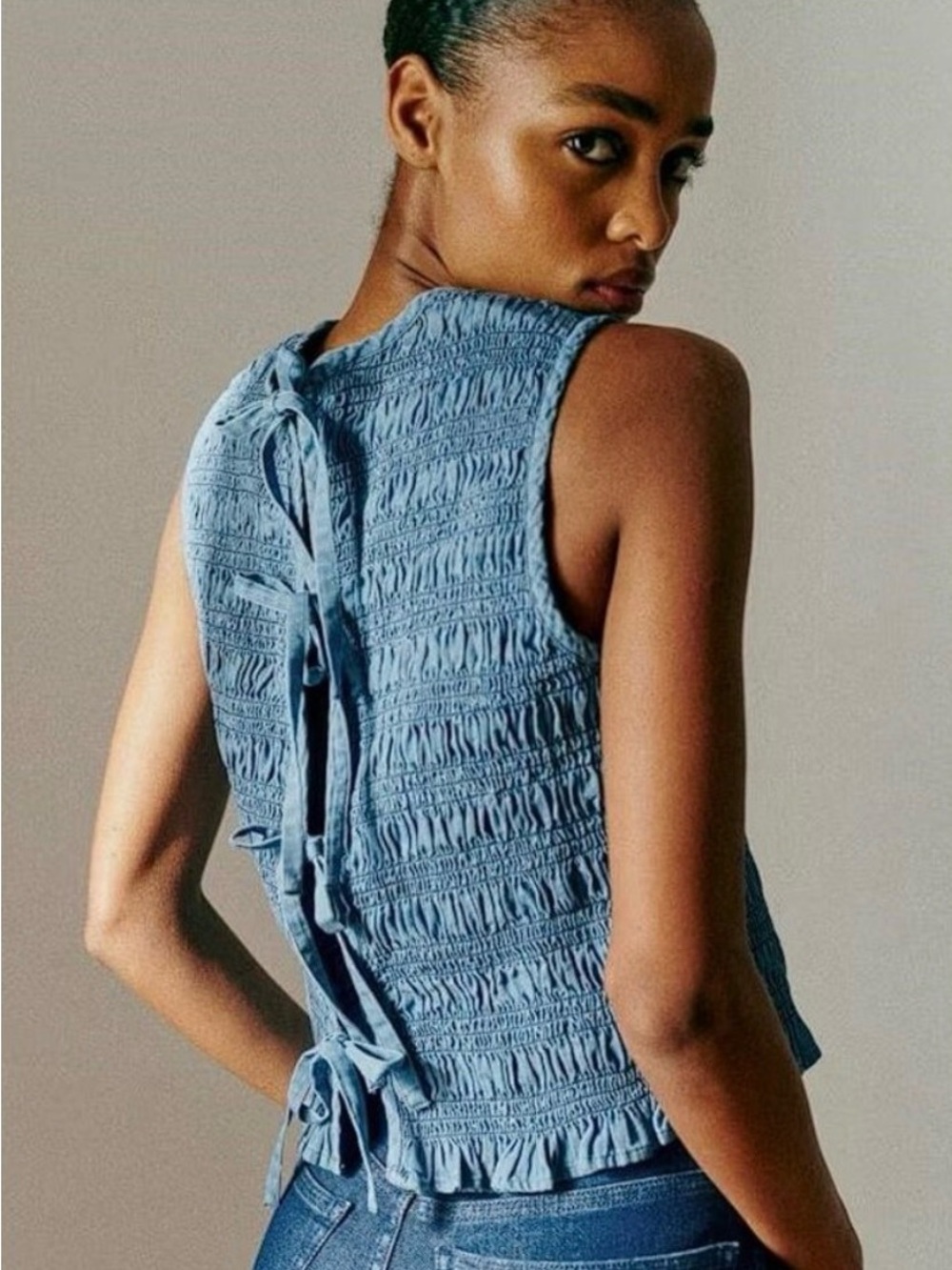 Sézane Blue Sleeveless Smocked Tie-Back Top EU38